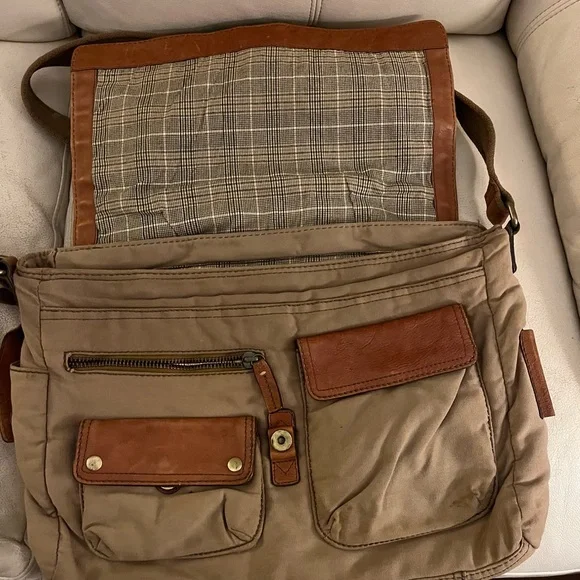 Classic Brown Leather and Tan Canvas Messenger Bag